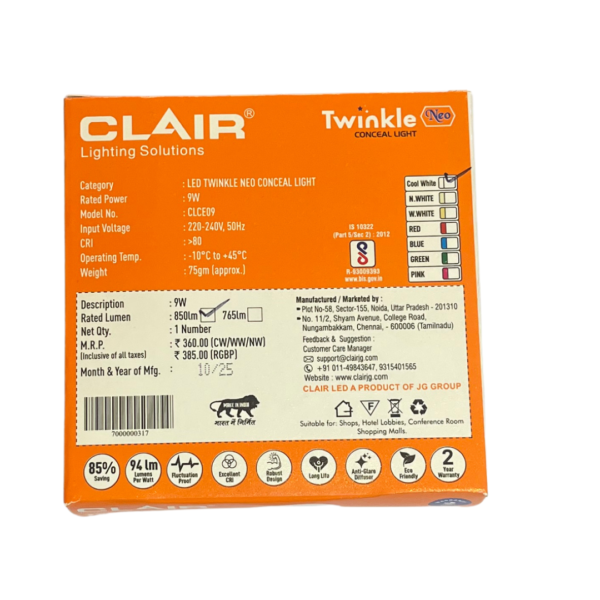 Clair 9W LED Twinkle Slimo Series Conceal Down Lights, Cool White